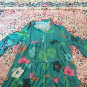 Teal Floral Tiered Kids Dress - Bright Multicolor Flowers